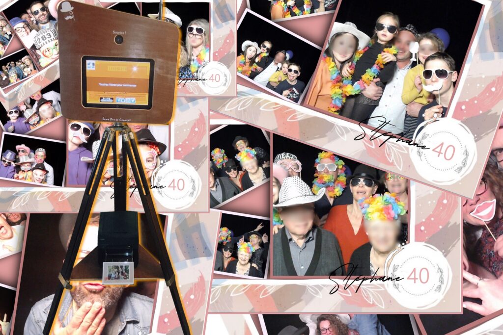 Invités souriants se photographiant devant une borne photo interactive lors d’un événement à Redon (35600)