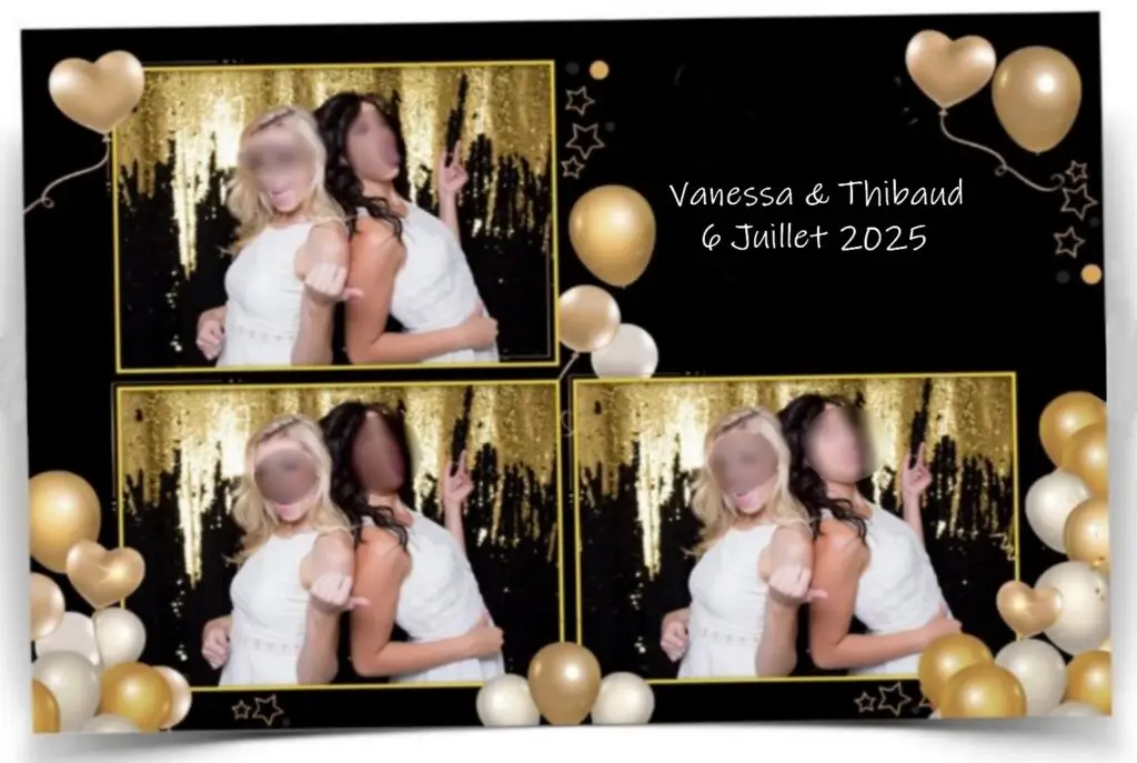 Exemple d’impression borne photo mariage à Renac – thème noir et doré personnalisé